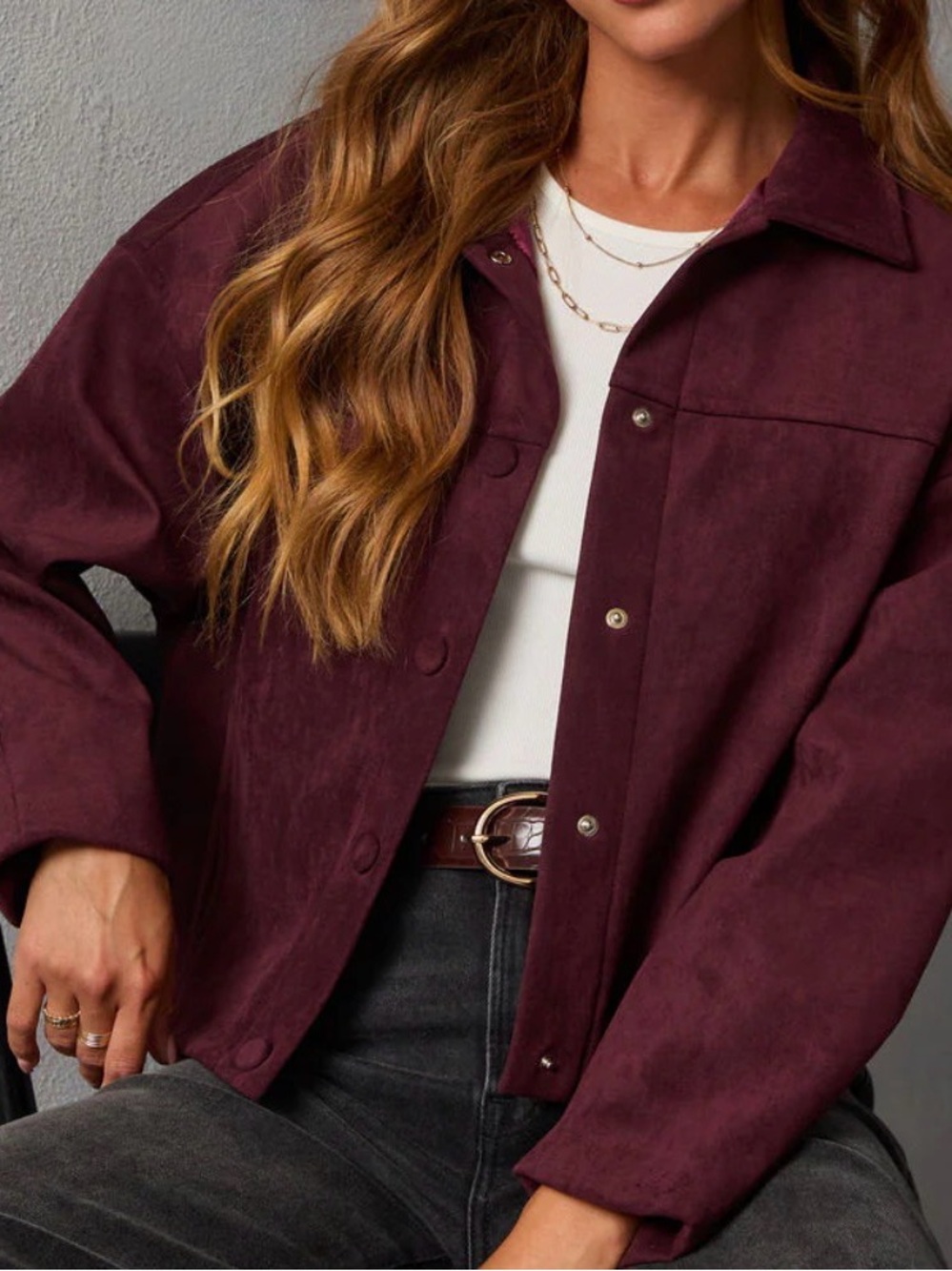 Plum Skies Suede Front Button Shirt Jacket - Burgundy / S
